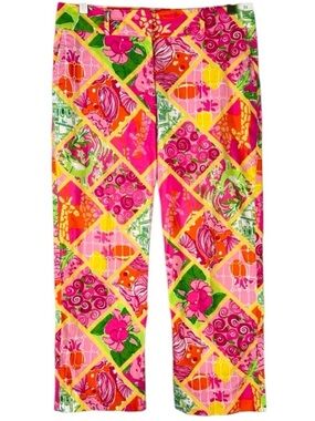 Lilly Pulitzer Vintage Patchwork Capri Cropped Pants Pink Green Orange Size 6